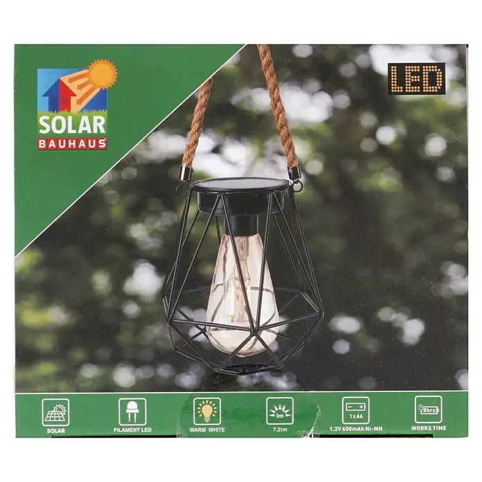 BAUHAUS Solar-Hängeleuchte - 0,03 W, L x B x H: 15 x 15 x 15,5 cm, Schwarz, IP44 - Solarleuchte von Bauhaus mit LED-Filament, warmweißem Licht und einer Leuchtdauer von bis zu 8 Stunden.