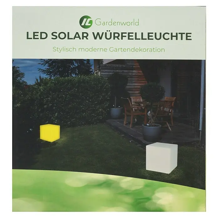 LED-Solar-Würfelleuchte - 30 x 30 x 30 cm - Bild einer LED Solar Würfelleuchte von Gardenworld, die eine stilvolle und moderne Gartendekoration darstellt.\n