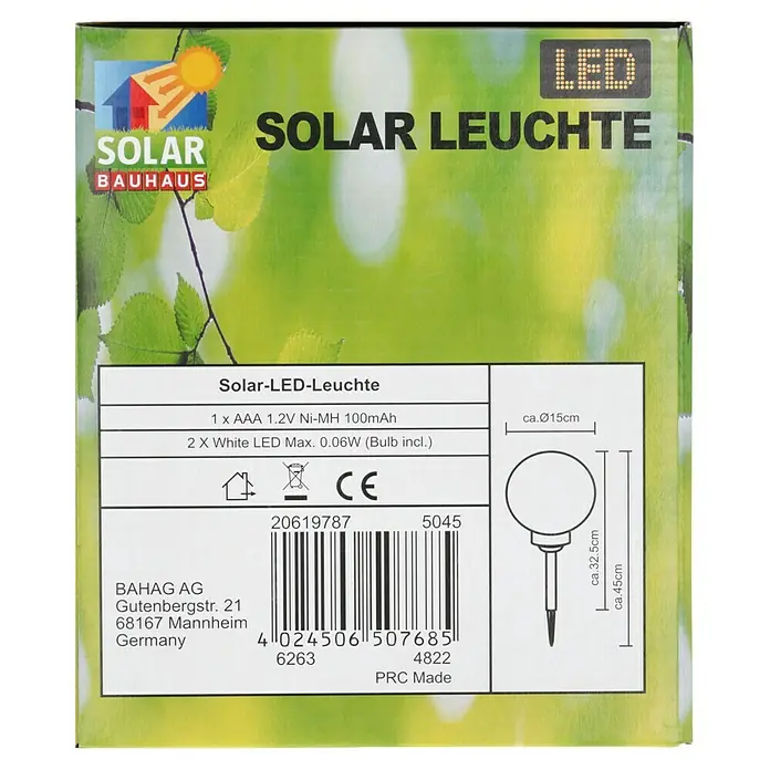 BAUHAUS Solar-Dekoleuchte Fara - Durchmesser: 15 cm, Höhe: 47,5 cm, LED - Produktverpackung für Solar-LED-Leuchte mit technischen Details und Maßangaben.