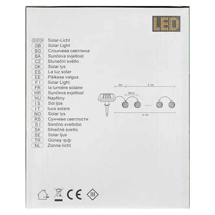 BAUHAUS Solar-Lichterkette Flame - Länge: 4,1 m, LED, Lichtfarbe: Gelb - Illustration von Solarleuchten mit den Maßen 2m, 2,1m, 30cm und 4,1m, die das LED-Logo und verschiedene Sprachen für Solarlicht enthalten.