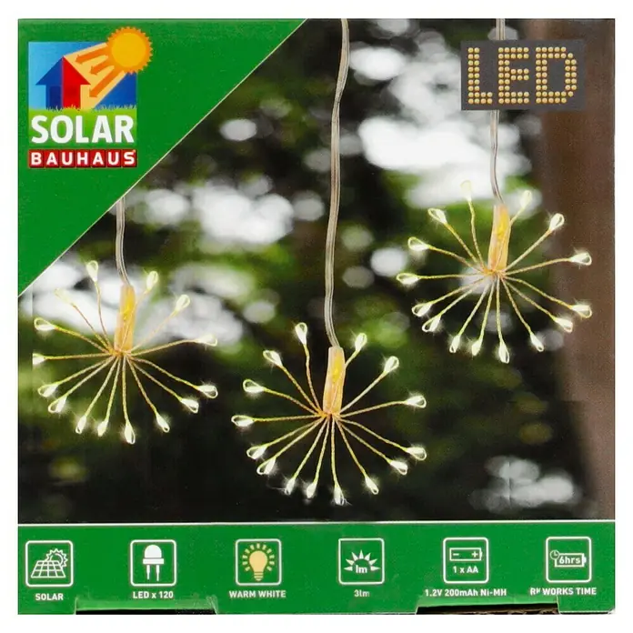 BAUHAUS Solar-Lichterkette Feuerwerk - Länge: 3,4 m, LED - Das Bild zeigt eine Solar-Lichterkette von BAUHAUS mit warmweißen LEDs in Sternform, ideal für die Dekoration im Außenbereich.