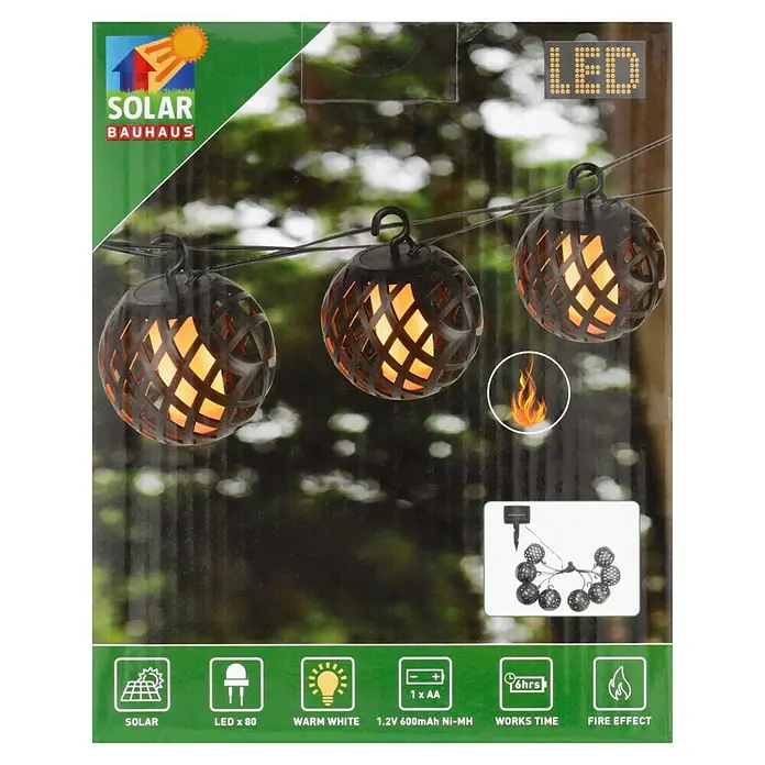 BAUHAUS Solar-Lichterkette Flame - Länge: 4,1 m, LED, Lichtfarbe: Gelb - Solarbetriebene LED-Gartenleuchte "Bauhaus" mit warmweißem Licht und Feuereffekt, ideal für stimmungsvolle Beleuchtung im Außenbereich.