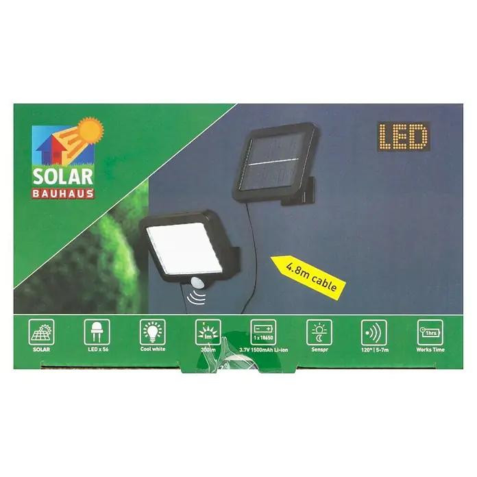 BAUHAUS Solar-Außenwandleuchte - 3 W, Schwarz, IP44, 300 lm - Abbildung einer Solar-Gartenleuchte von Bauhaus, die mit LEDs betrieben wird und einen 4,8 m Kabel hat.