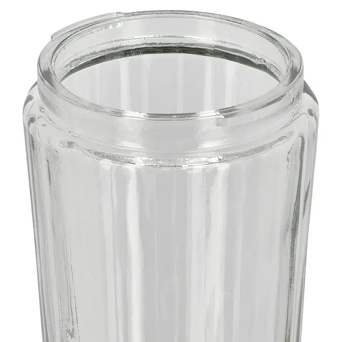 BAUHAUS Solarleuchten-Set Premium - Grau, 10 lm - Nahaufnahme eines transparenten, gerippten Glasbehälters, ideal für die Konservierung oder Dekoration.