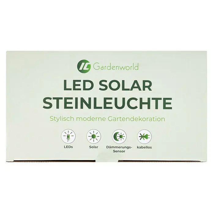 Solar-Dekoleuchte - Weiß, L x B x H: 36 x 50 x 19,5 cm - Produktverpackung für LED-Solarsteinleuchte von Gardenworld, stylisch moderne Gartendekoration mit LEDs, Solar, Dämmerungssensor und kabellos.