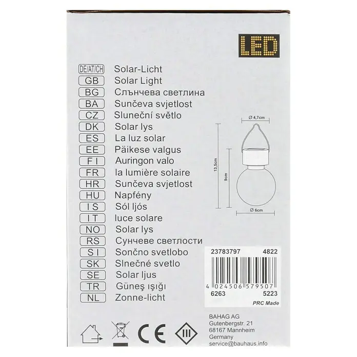 BAUHAUS Solar-Hängeleuchte - Nickel, Klar, IP44 - Abbildung der Produktverpackung für eine LED-Solarleuchte mit Maßangaben und Herstellerinformationen.