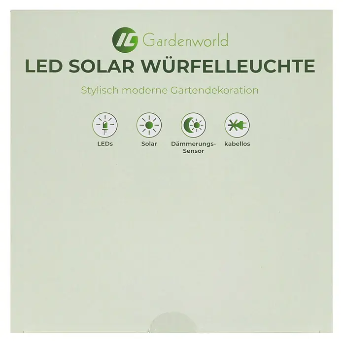 LED-Solar-Würfelleuchte - 30 x 30 x 30 cm - Abbildung der LED Solar Würfelleuchte von Gardenworld, die eine stilvolle, moderne Gartendekoration darstellt, mit LED, Solar, Dämmerungssensor und kabellos.