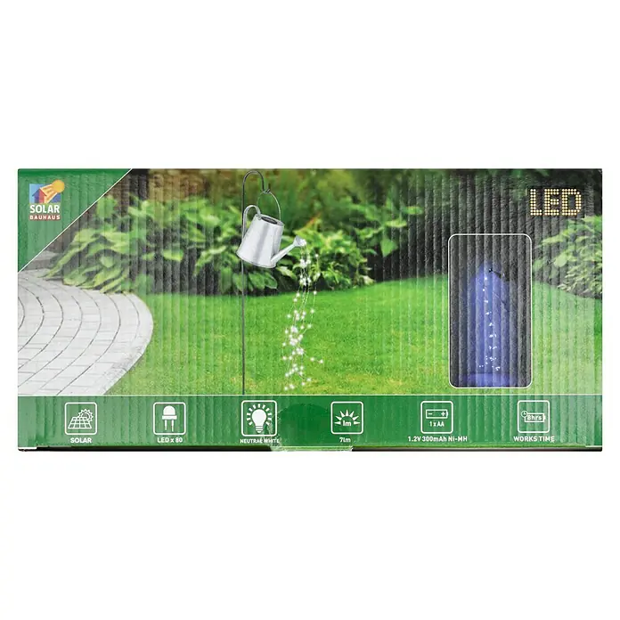 BAUHAUS Solar-Dekoleuchte Gießkanne auf Erdspitz - 0,06 W, L x B x H: 30 x 17 x 112 cm, Schwarz/Silbergrau, IP44 - Solarbetriebene LED-Gießkanne für den Garten. Die Leuchte hat 80 LEDs und eine Leuchtdauer von 8 Stunden.