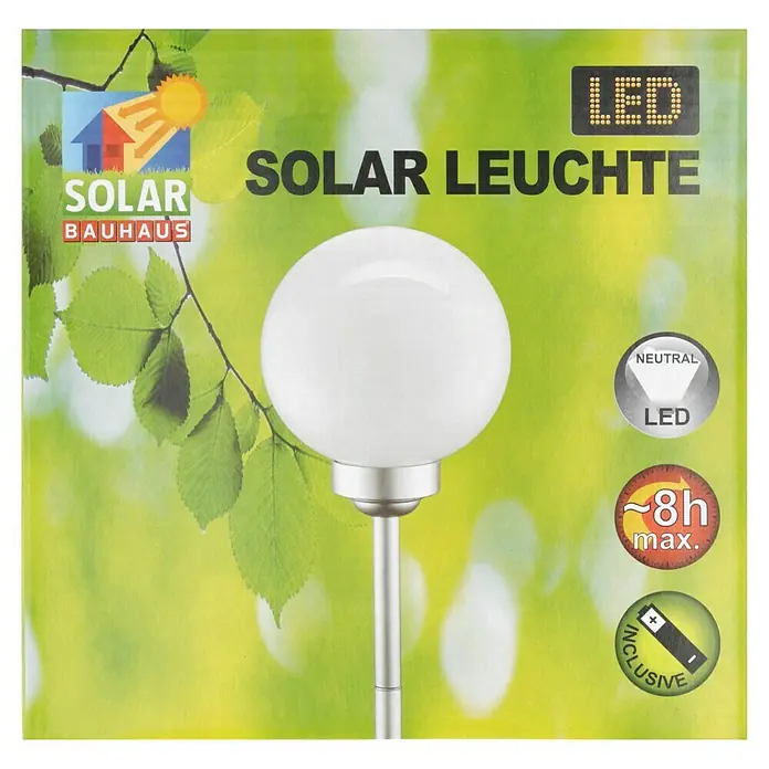 BAUHAUS Solar-Dekoleuchte Fara - Durchmesser: 20 cm, Höhe: 52,3 cm, LED - Abbildung einer Solarleuchte von Bauhaus. Die Leuchte hat eine runde, weiße Kugel und ist auf einem schlanken, silbernen Stab befestigt.