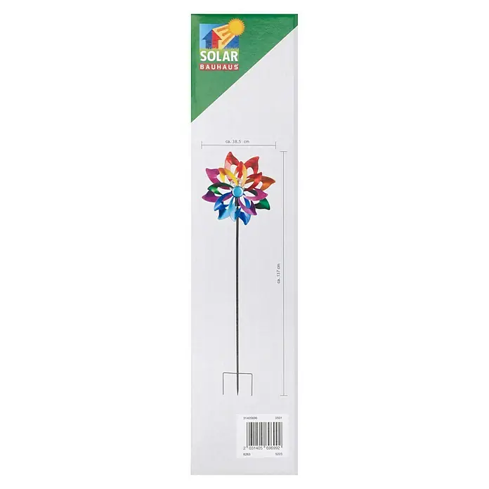 BAUHAUS Solar-Erdspieß WINDSPINNER - 0,06 W, L x B x H: 16 x 38,5 x 137 cm, Bunt, IP44, 1 lm - Abbildung eines Solar Bauhaus Windspiels mit bunten Blütenblättern und einem langen Stab. Es hat eine Höhe von ca. 137 cm und eine Breite von ca. 38,5 cm.