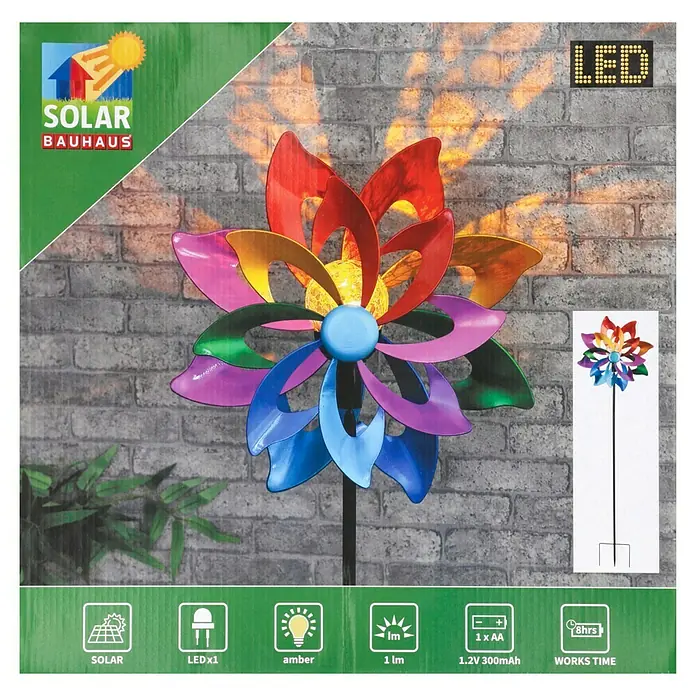 BAUHAUS Solar-Erdspieß WINDSPINNER - 0,06 W, L x B x H: 16 x 38,5 x 137 cm, Bunt, IP44, 1 lm - Solarbetriebener Windspinner von BAUHAUS mit LED-Beleuchtung, ideal für den Garten. Dekoratives Element, das Licht und Bewegung kombiniert.