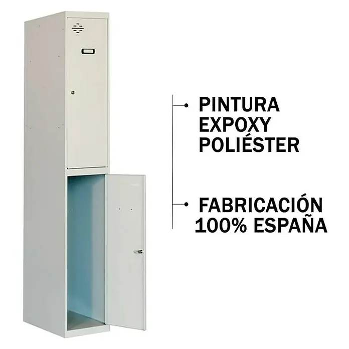 Simonrack Simonlocker Taquilla Prof. Tandem - L x An x Al: 50 x 40 x 180 cm, Gris/Gris, Número de puertas: 2 ud. - Imagen de una taquilla de acero con dos compartimentos, ideal para escuelas o lugares de trabajo, con pintura epoxi-poliéster y fabricada en España.