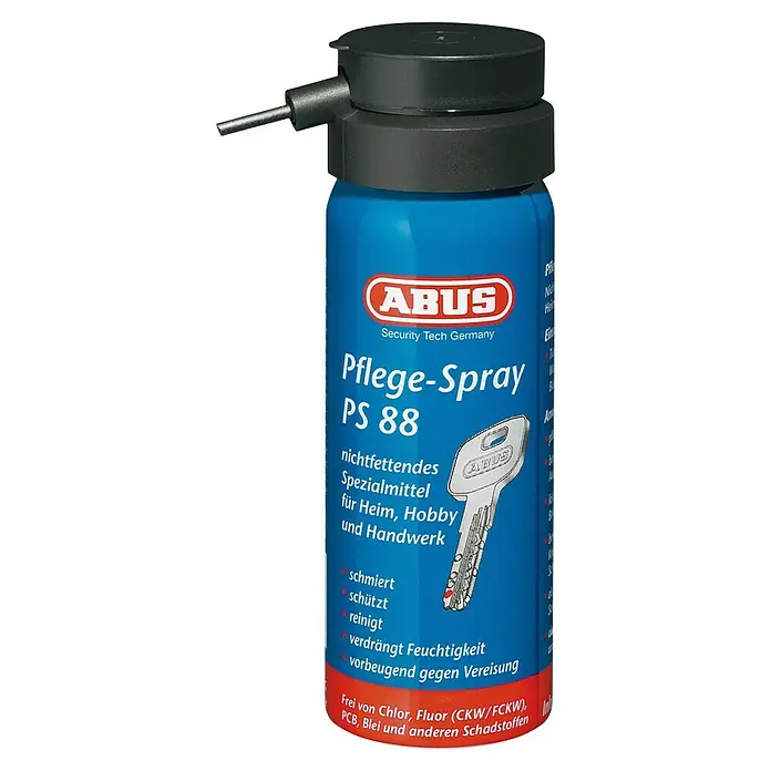 Abus Pflegespray PS88 - Geeignet für: Türzylinder, 50 ml - Abus Pflege-Spray PS 88, ein Spezialmittel für Heim, Hobby und Handwerk. Es schmiert, schützt und reinigt, ideal für die Pflege von Schlössern.