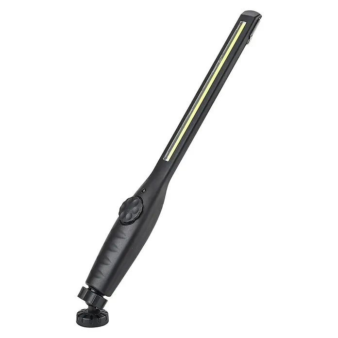 Profi Depot LED-Arbeitsleuchte Slim - Länge: 380 mm, Li-Ionen - Die Abbildung zeigt eine schwarze, längliche Inspektionslampe mit LED-Leiste, Drehknopf und magnetischem Fuß, ideal für Werkstattarbeiten.
