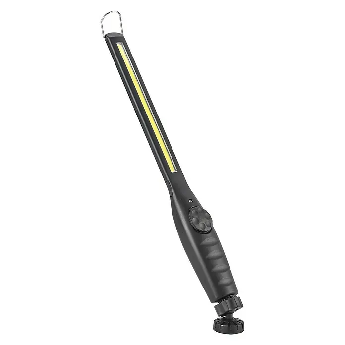 Profi Depot LED-Arbeitsleuchte Slim - Länge: 380 mm, Li-Ionen - Bild einer schwarzen LED-Arbeitsleuchte mit Haken zum Aufhängen und verstellbarem Magnetfuß für flexibles Arbeiten.
