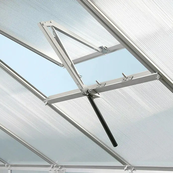 Vitavia Gewächshaus Venus 5000 Plus - Außenmaß inkl. Dachüberstand (B x T): 195 x 257 cm, 3 mm, Smaragd - Nahaufnahme eines automatischen Fensteröffners für Gewächshäuser, der für optimale Belüftung sorgt.