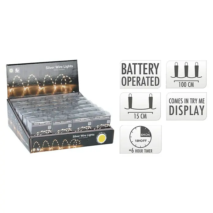 LED-Lichterdraht - Innen, Lichtfarbe: Warmweiß, 132 Stk., Batteriebetrieben - Ein Display mit Silberdraht-Lichterketten, batteriebetrieben, mit Timerfunktion und verschiedenen Längenangaben.