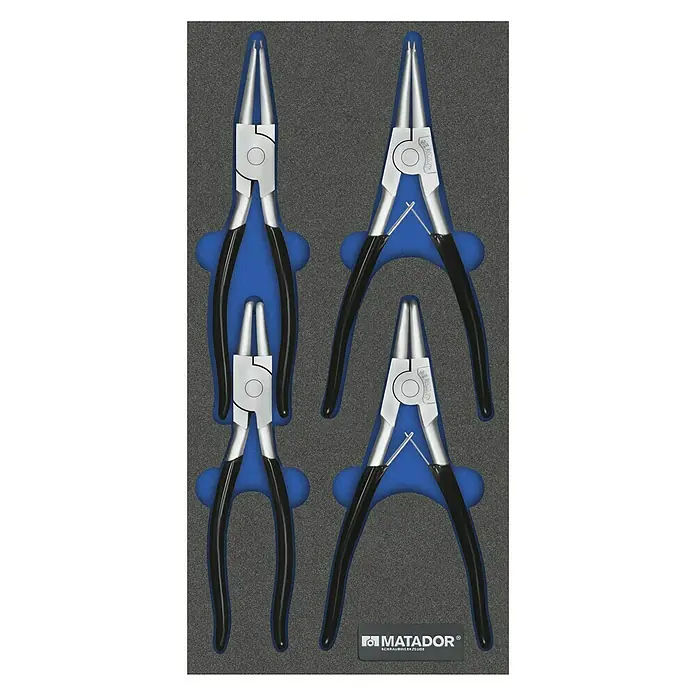 Matador Tool System Zangen-Set - 4 -tlg., Passend für: Sicherungsringe in Bohrungen 40 - 100 mm - Das Bild zeigt ein Set von vier MATADOR Sprengringzangen, die ordentlich in einer blauen und grauen Werkzeugablage angeordnet sind.