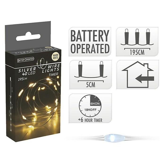 Cable con luces LED (Para interior, 195 cm, Color de luz: Blanco cálido, 40 ud., Funciona con pilas) | BAUHAUS