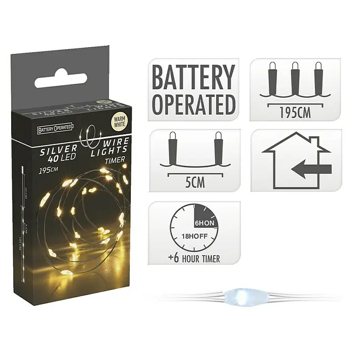 LED-Lichterdraht - Innen, 195 cm, Lichtfarbe: Warmweiß, 40 Stk., Batteriebetrieben - Produktbild: Silberne 40 LED-Drahtlichterkette mit Batteriebetrieb, warmweißem Licht und Timerfunktion, ideal für die Dekoration.