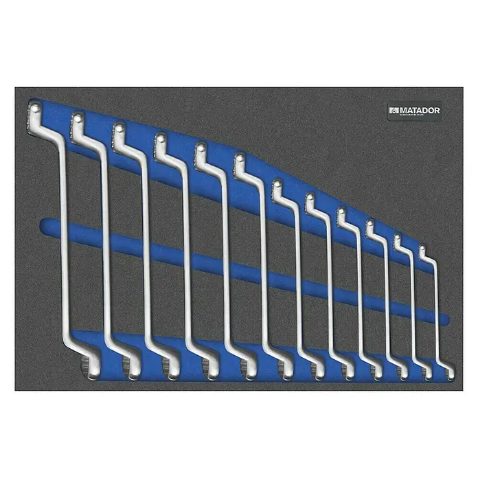 Matador Tool System Doppelringschlüssel-Satz - 12 -tlg., Schlüsselweite: 6 mm - 32 mm - Hier ist ein Matador-Schraubenschlüsselsatz, der in einer blauen Schaumstoffeinlage aufbewahrt wird, die sich in einer grauen Box befindet.