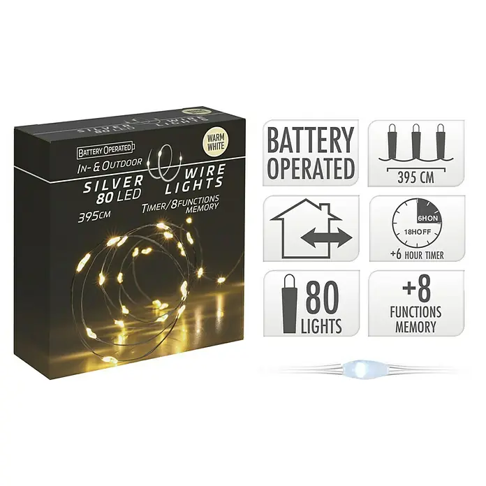 LED-Lichterdraht - Außen, 395 cm, Lichtfarbe: Warmweiß, 80 Stk., Batteriebetrieben - Produktverpackung für batteriebetriebene Silberdraht-Lichterkette mit 80 LEDs, geeignet für den Innen- und Außenbereich.