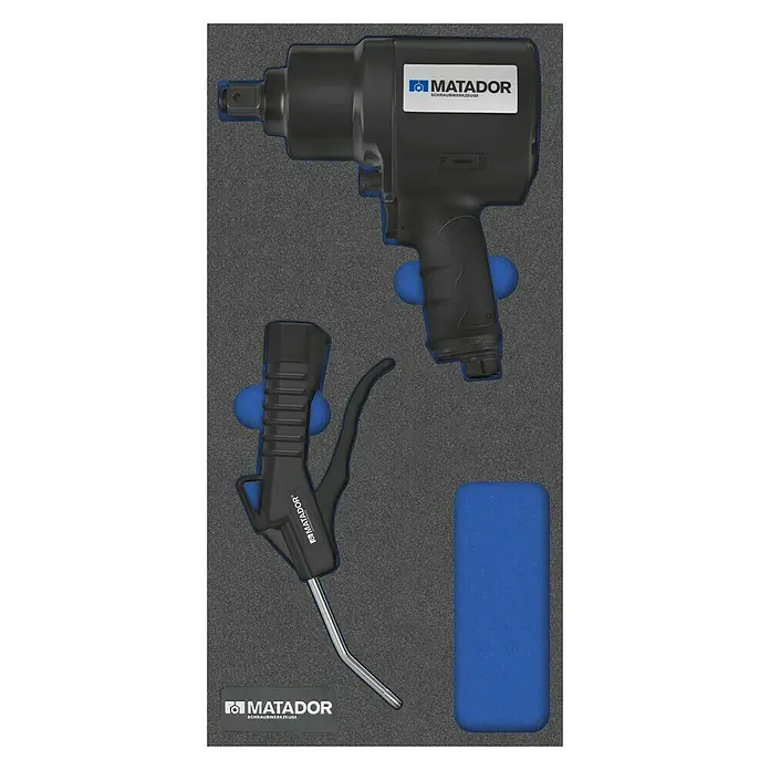 Matador Tool System Werkzeugsatz-Einlage Druckluft-Werkzeuge - 2 -tlg. - Abbildung eines Matador-Schlagschraubers und einer Ausblaspistole, ordentlich in einem Werkzeugkasten angeordnet.