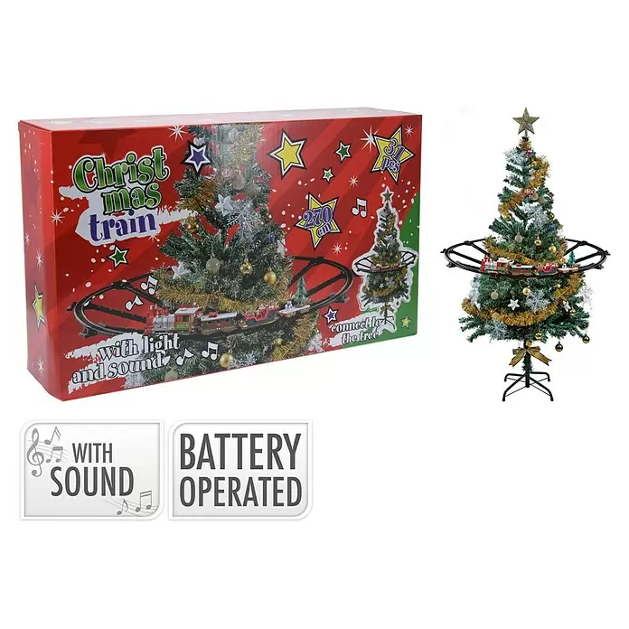 Christbaumschmuck Weihnachtszug - Rot, Schwarz, Kunststoff - Batteriebetriebene Weihnachtseisenbahn mit Licht und Ton, auf roter Verpackung und um einen geschmückten Weihnachtsbaum.