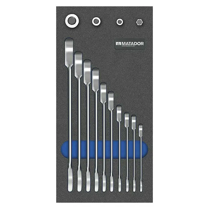 Matador Tool System Ringmaulratschenschlüssel-Satz - 14 -tlg. - Matador Schraubendrehersatz in einer grauen Werkzeugablage mit blauer Halterung und verschiedenen Schraubendrehergrößen.
