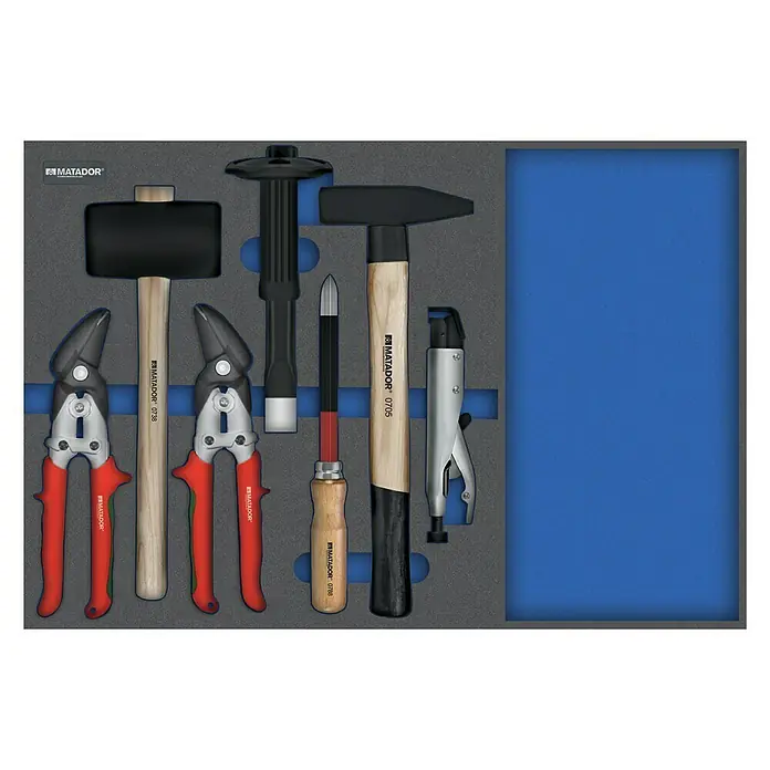 Matador Tool System Werkzeugsatz-Einlage Karosserie-Werkzeuge - 7 -tlg. - Werkzeugsatz von Matador, bestehend aus Hammer, Schraubendreher und Zange, für den professionellen Einsatz.