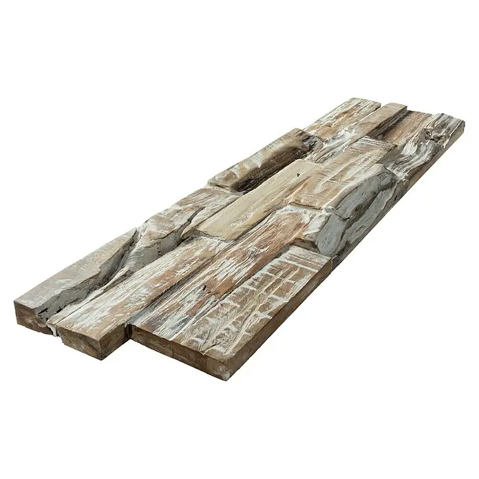 Wandpaneel Rustic White - Teak, 510 x 140 x 20 mm - Ein Detailaufnahme einer Wandpaneele aus recyceltem Altholz mit weißer Waschung, die eine rustikale und natürliche Ästhetik bietet.