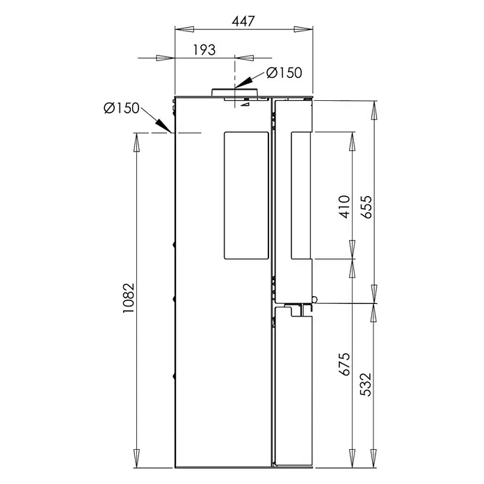 Aduro Kaminofen 9-5 - 8 kW, Raumheizvermögen: 334 m³, Material Verkleidung: Stahl, Schwarz - Technische Zeichnung eines Kamins mit verschiedenen Maßangaben zu Höhe, Breite und Durchmesser.