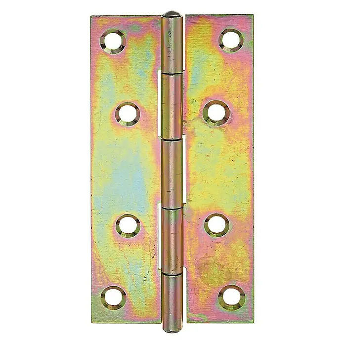 Stabilit ScharnierB x H: 49 x 100 mm, Verzinkt - Ein goldfarbenes Türscharnier mit sichtbaren Schraubenlöchern und einem mittigen Stift für reibungslose Drehungen.