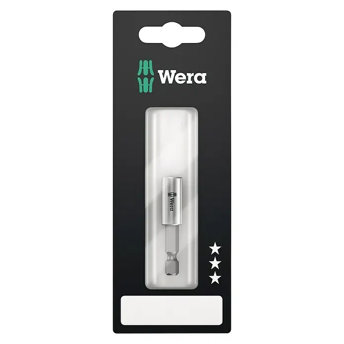 Wera Classic Bithalter 899/4/1 - Länge: 152 mm, Magnetisch - Produktbild eines Wera Bit-Halters in einer Verpackung. Das Werkzeug ist silbern und trägt das Wera Logo.