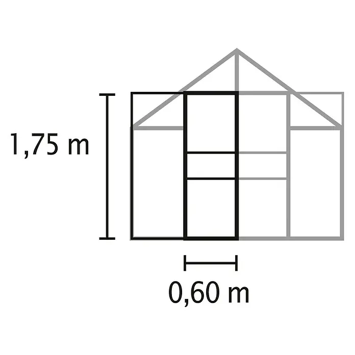 Vitavia Gewächshaus-Türerweiterung - Smaragd - Abbildung eines Gewächshauses mit den Maßen 1,75 m Höhe und 0,60 m Breite, die das Design und die Proportionen des Gewächshauses hervorheben.