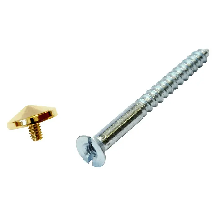 Universalschraube - Ø x L: 4,5 x 45 mm, Holzgewinde, 4 Stk., Sonstige, Durchmesser Zierkappe 12 mm - Bild einer goldenen Zierschraube und einer silbernen Holzschraube mit Schlitzkopf auf weißem Grund.