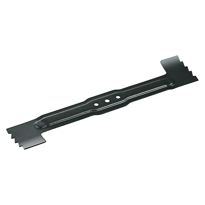 Bosch Ersatzmesser für Rasenmäher - Bosch Rotak Akku-Rasenmäher 43 LI - Nahaufnahme einer Rasentrimmerklinge aus Metall mit gezackten Kanten und drei Löchern in der Mitte, die auf einem weißen Hintergrund liegt.