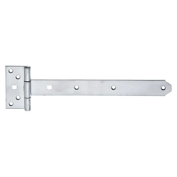 Stabilit Kreuzgehänge - L x B x H: 340 x 336 x 92 mm, Edelstahl - Nahaufnahme eines T-Bandscharniers aus Metall, das für seine robuste Bauweise und einfache Installation bekannt ist. Ideal für Tore und Türen.