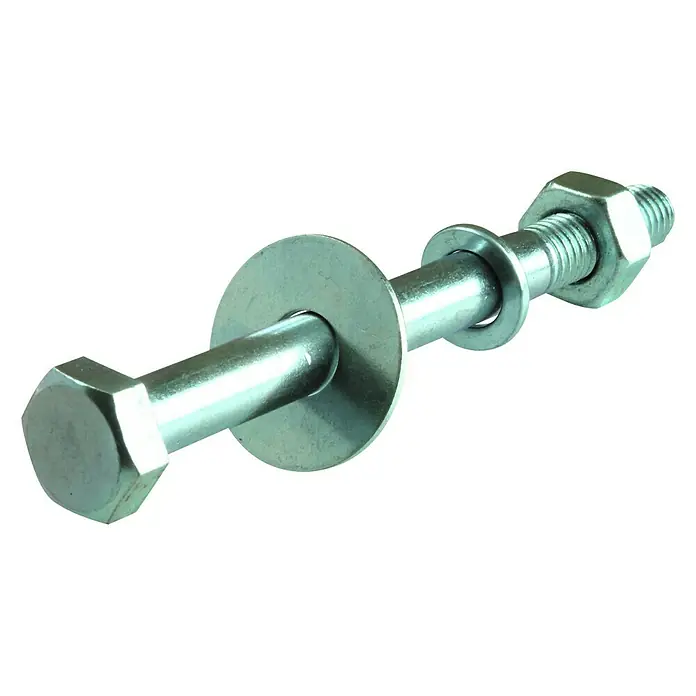 Stabilit BodenhülsenschraubeM 10, Länge: 90 mm, 10 Stk., Verzinkt, Sechskantkopf - Nahaufnahme einer Schraube mit Mutter und Unterlegscheiben. Die Schraube ist silbern und hat einen sechseckigen Kopf.