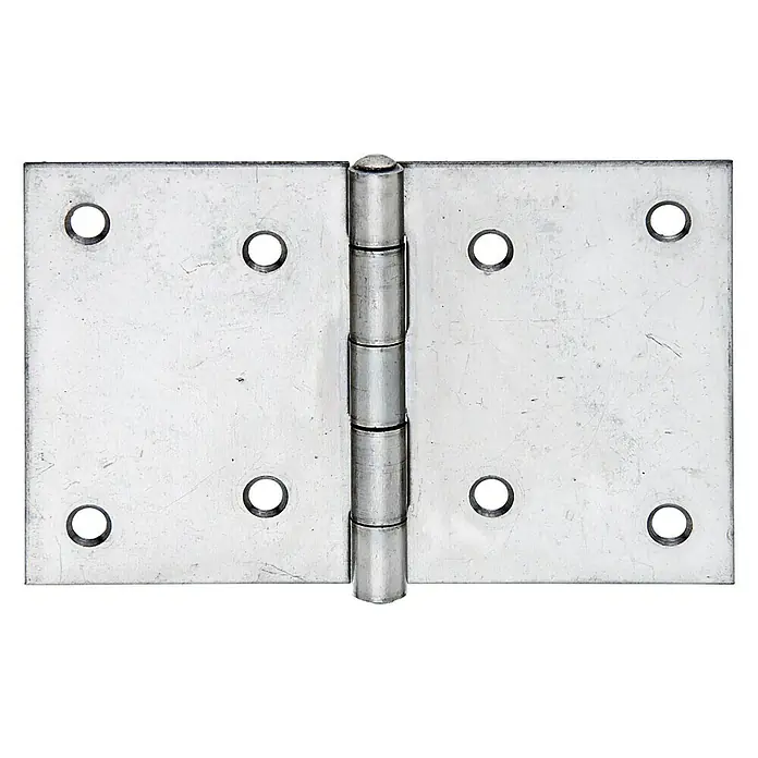 Stabilit Bisagra - An x Al: 128 x 81 mm, Acero inoxidable - Primer plano de una bisagra de puerta metálica abierta, que muestra agujeros para tornillos a cada lado de la bisagra.