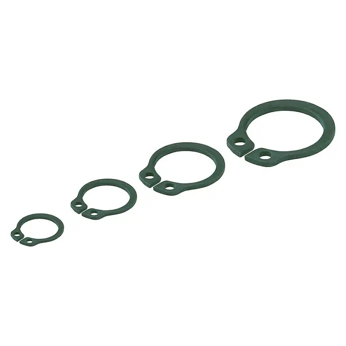 Stabilit Sicherungsring44 Stk., Blank - Eine Reihe von Sprengringen in verschiedenen Größen, die auf einer weißen Oberfläche angeordnet sind.