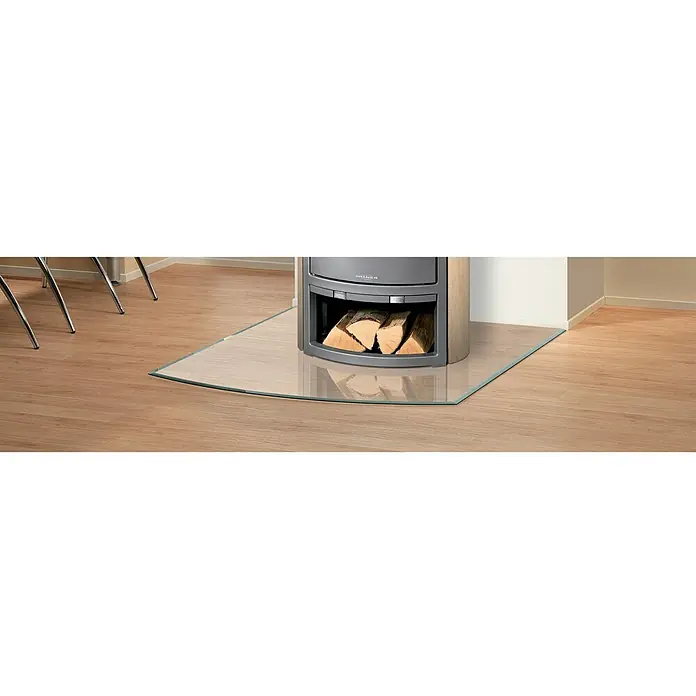 Justus Glasbodenplatte B6 - 120 x 100 cm, Gebogen - Schützende Glasbodenplatte für Kaminöfen, die den Holzboden vor Beschädigungen schützt und gleichzeitig ein modernes Ambiente schafft.