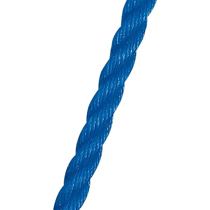 Stabilit PP-Seil Meterware - Als Zuschnitt erhältlich, Belastbarkeit: 130 kg, Blau, Durchmesser: 8 mm - Nahaufnahme eines blauen, gedrehten Seils. Das Seil ist spiralförmig gewunden und hat eine glänzende Oberfläche.