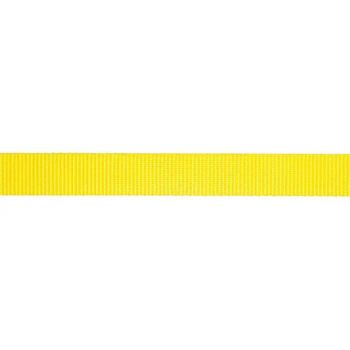 Stabilit Gurtband Meterware - Belastbarkeit: 300 kg, Breite: 25 mm, Polyester, Gelb - Nahaufnahme eines gelben Textilbandes. Das Band zeigt eine feine, gewebte Textur und ist in leuchtendem Gelb gehalten, ideal für Bastelarbeiten.