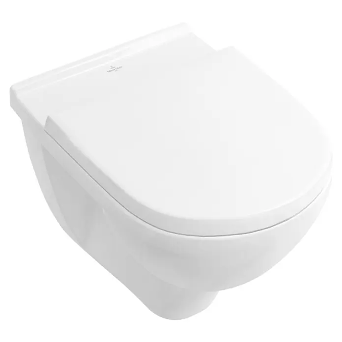 Villeroy & Boch Wand-WC-Set Targa StyleSpülrandlos, Ohne Spezialglasur, Spülform: Tief, WC Abgang: Waagerecht, Weiß - Nahaufnahme einer wandhängenden Toilette in Weiß. Das Produkt hat ein minimalistisches Design und ist von Villeroy & Boch.