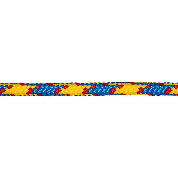 Schot Meterware - Als Zuschnitt erhältlich, Belastbarkeit: 175 kg, Gelb/Blau/Rot, Durchmesser: 12 mm, Polypropylen - Nahaufnahme eines robusten, farbenfrohen Seils in Blau, Gelb und Rot, das Stärke und Haltbarkeit für verschiedene Anwendungen verspricht.