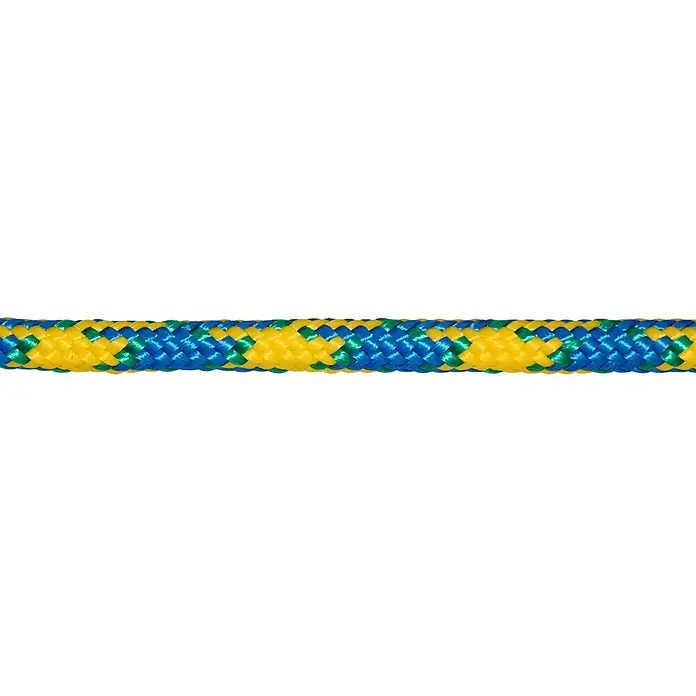 Schot Meterware - Als Zuschnitt erhältlich, Belastbarkeit: 80 kg, Grün/Blau/Gelb, Durchmesser: 8 mm, Polypropylen - Nahaufnahme eines mehrfarbigen Seils.