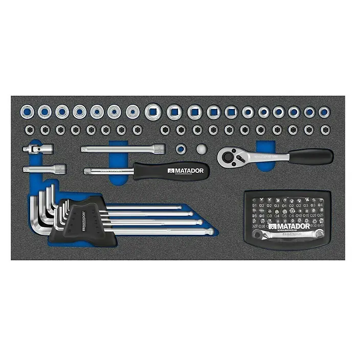 Matador Tool System Steckschlüsseleinsatz-Set - ¼″, 85 -tlg. - Ein Matador Werkzeugsatz mit diversen Steckschlüsseln, Schraubendrehern und Bits, ideal für jede Werkstatt.