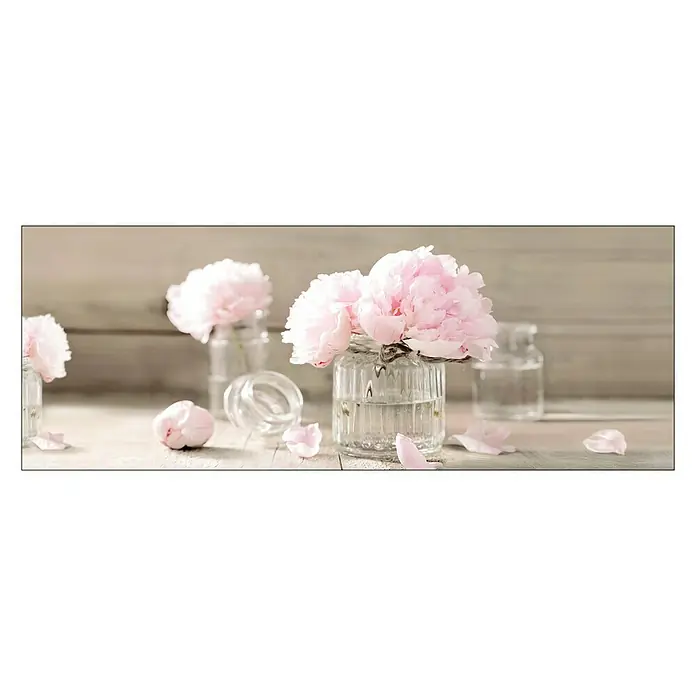 ProArt Young Living Leinwandbild - Rose Flowers, B x H: 80 x 30 cm - Nahaufnahme von rosa Pfingstrosen in Glasvasen auf einem Holztisch, die die sanfte Schönheit und den Charme des floralen Arrangements hervorheben.