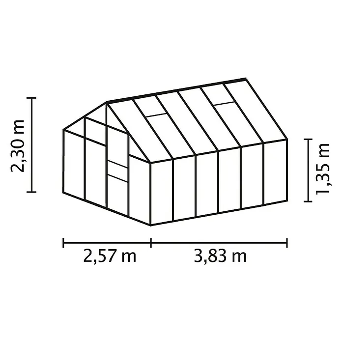 Vitavia Gewächshaus Merkur 9900 Plus - Außenmaß inkl. Dachüberstand (B x T): 257 x 383 cm, 4 mm, Smaragd - Abbildung eines Gewächshauses mit Maßangaben zur Höhe (2,30m & 1,35m) und Breite (2,57m & 3,83m) für Gartenliebhaber.